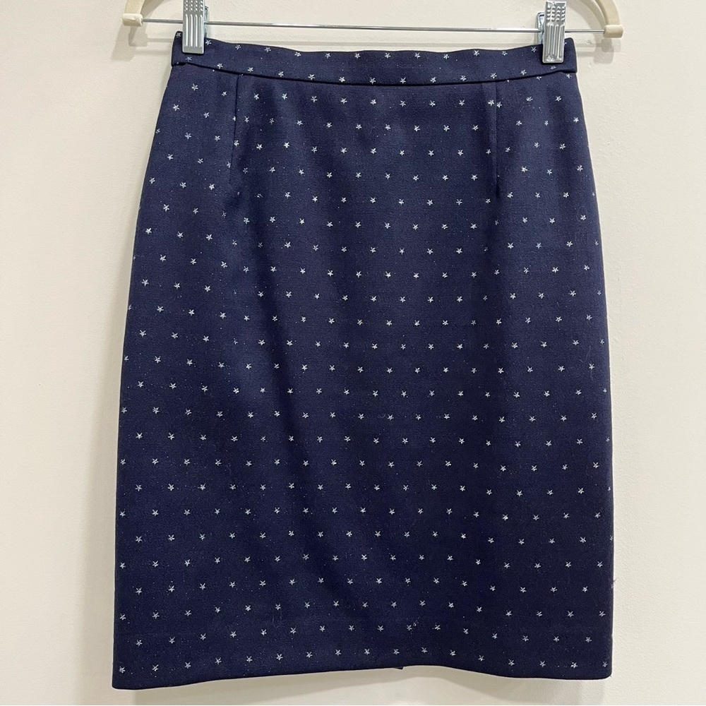 Escada navy blue double breasted wool skirt suit metallic silver star print - Picture 6 of 14